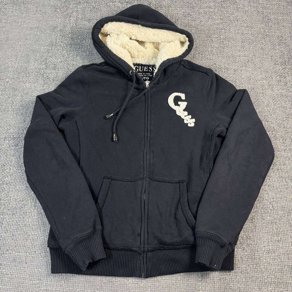Guess Zip Up Hoodie Womens XL Black Faux Fur Lined